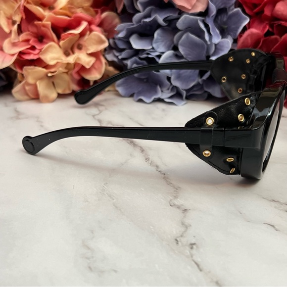 Steampunk Round Gray Gradient Black Leather Shield Polarized Sunglasses - Picture 13 of 16